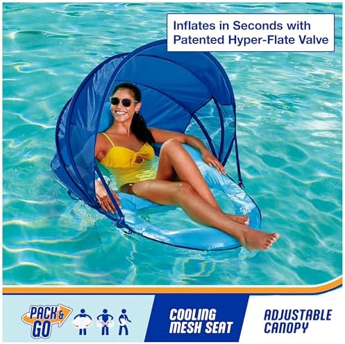 SwimWays Spring Float Recliner Chair for Swimming Pool, Inflatable Pool Floats Adult with Fast Inflation, Cup Holder & Foot Rest for Ages 15 & Up