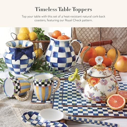 MACKENZIE-CHILDS Square Coasters Set, Black-and-White Courtly Check | Hand-painted design, made from MDF with a cork back, table coasters for drinks, 4" square, set of 4