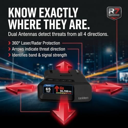 Uniden R7 Extreme Long-Range Laser-Radar Detector, Built-in GPS w/ Real-Time Alerts, Dual-Antennas Front & Rear w/Directional Arrows, Voice Alerts