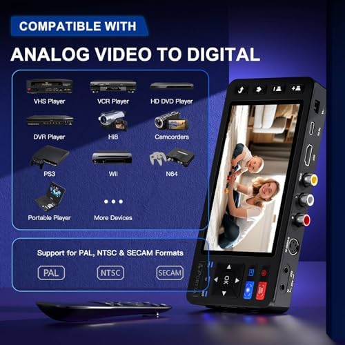 Portta VD20P VHS to Digital Converter with 5" HD Screen, Video Capture Recorder Convert to MP4 Compatible with VHS, VCR, DVR, DVD, Hi8, Mini DV
