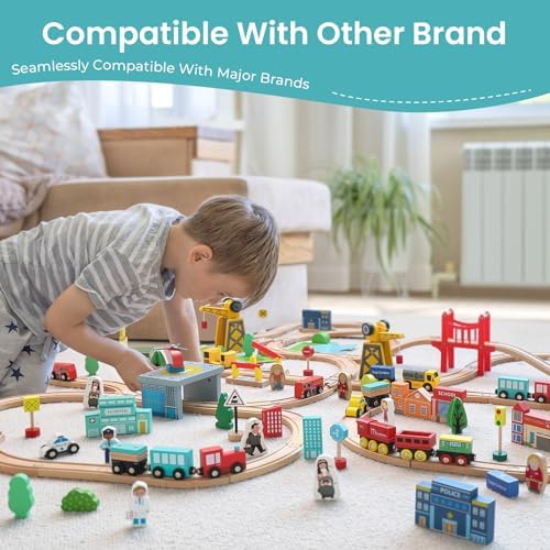 Tiny Land 39 Pcs Wooden Train Set for Toddler with Wooden Tracks | Compatible with Major Brands, Expandable