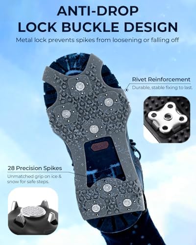 Sportneer Crampons： Ice Cleats for Shoes and Boots with 28 Spikes - Traction Slip-on Stretch Footwear for Walking and Shoveling on Ice and Snow - Lightweight for Women and Men