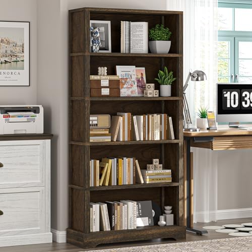 TVU 5 Tiers Wooden Bookshelf, 65.2" Tall Farmhouse Style Open Bookcase, 31.5" Wide Standing Book Shelf with Storage for Study Room, Living Room