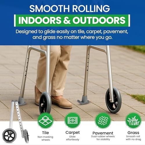 5 Inch Walker Wheels & Glides by Healthline, Fits Most Walkers, Universal Replacement Parts