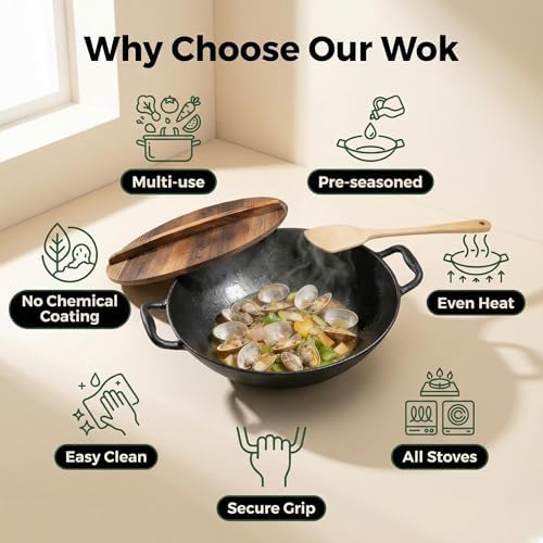 Flat Bottom Cast Iron Wok with Lid 14 Inch,Pre-Seasoned Non Toxic Cast Iron Kadai,Chinese Japanese Wok double handle for Induction and Open Fire