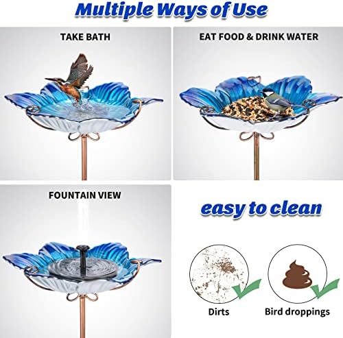 MUMTOP Glass Bird Bath Outdoor Birdfeeder Blue Flower Bowl with Metal Stake
