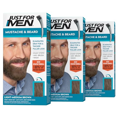 JUST FOR MEN Mustache & Beard Dye, Keratin, Light-Medium Brown M-30 (3 Pk) | Mustache & Beard color light-medium brown designed for facial hair to instantly eliminate gray. Enhanced with keratin.
