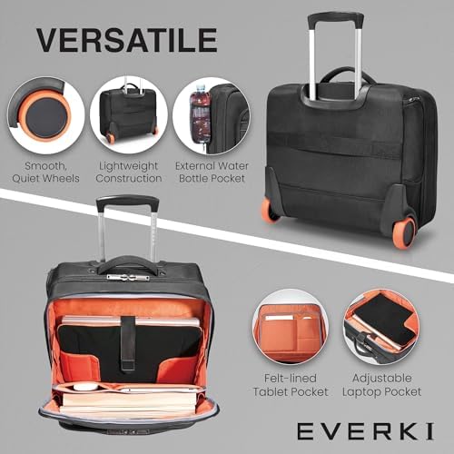 EVERKI Journey Rolling Laptop Briefcase for Men & Women, Black - 27L | Ballistic Nylon, Carry On Luggage w/ Wheels, Business & Travel - Friendly
