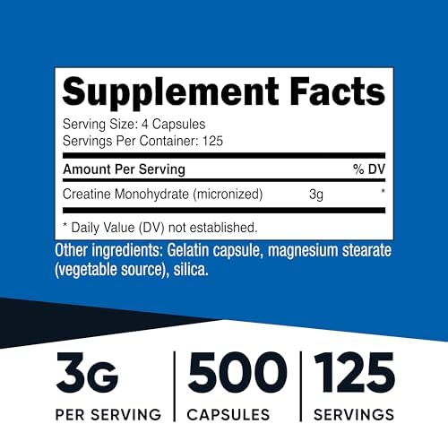 Nutricost Micronized Creatine Monohydrate (3,000mg) 500 Capsules | 125 Servings, 750mg Creatine Per Capsule
