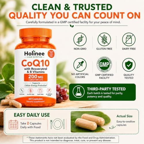 Holinee CoQ10 200mg with Trans-Resveratrol & B Vitamins, 60 Capsules | Enhanced Absorption, Cellular Energy, Antioxidant Support, GMO-Free