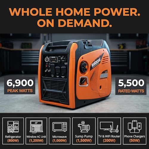 LIFAN 6900W Inverter Generator for Home Backup, 120/240V, Remote Start | 5500W Rated Gas Power, Pure Sine Wave, CO-Minder, RV Ready, Up to 14H at 25% Load