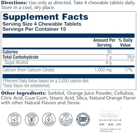 SOLARAY Calcium Citrate 1000 mg, Orange Flavor, 60 Chewables | Bone & Teeth Support - Natural Orange Flavor - 1000 mg Calcium Citrate - 15 Servings - Vegan, Gluten Free, Lab Verified