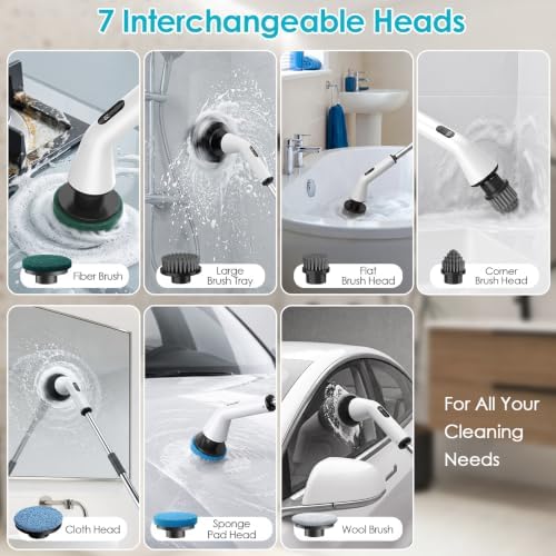 Electric Spin Scrubber for Bathroom, Power Cleaning Brush with 7 Replaceable Brush Heads, Adjustable Long Handle