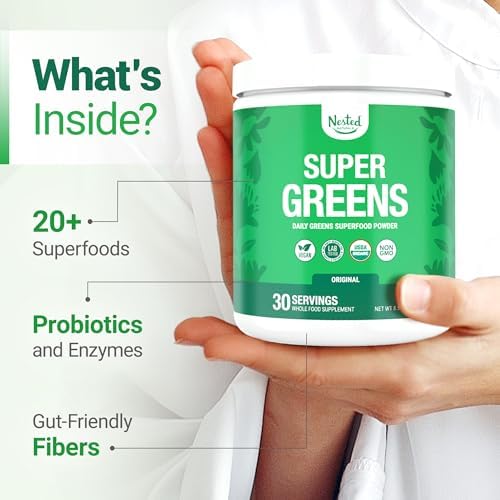 Nested Naturals Super Greens Daily Superfood Powder - Certified USDA Organic Green Powder w/20+ Whole Foods, Spirulina Powder,Wheat & Barley Grass - Probiotics, Fiber & Enzymes - Original Flavour, 30