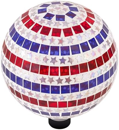 Alpine Corporation 10" Diameter Indoor/Outdoor Patriotic Glass Stars and Stripes Gazing Globe Yard Decoration, Red, White and Blue