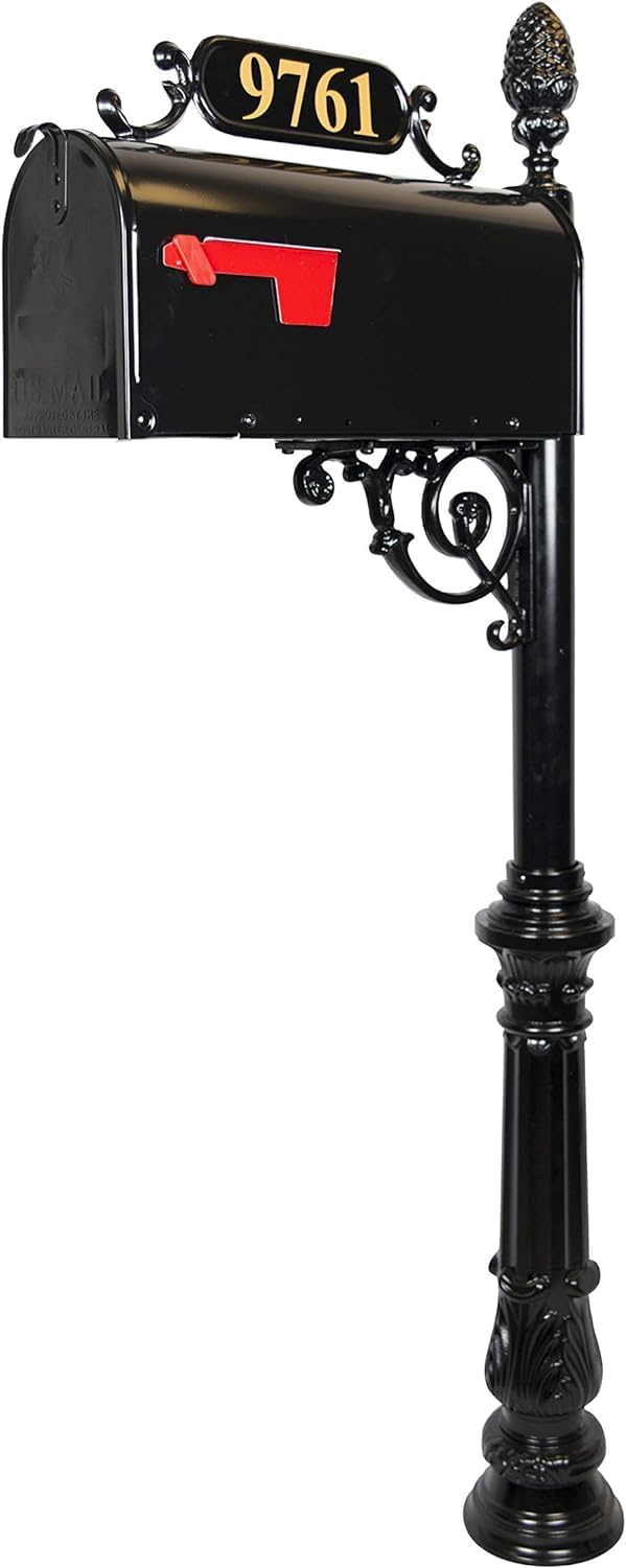 Charleston Black Mailbox System (Standard) | Cast aluminum curbside mailbox post kit features a standard black mailbox, custom address plate