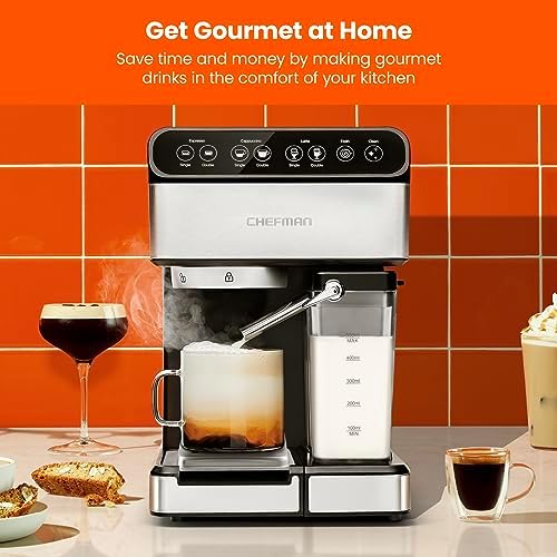 Chefman 6-in-1 Espresso Machine with Built-In Milk Frother, 15-BAR Pump, Digital Display, One-Touch Single or Double Shot for Cappuccinos and Lattes
