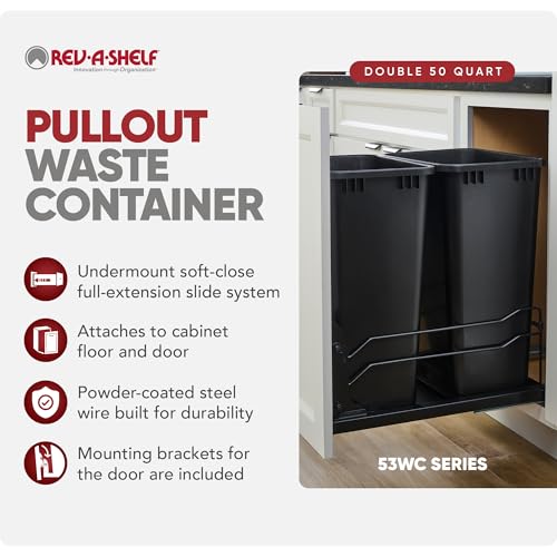 Rev-A-Shelf Double Pullout Trash Can w/Soft-Close Slides, 14.5" Min Opening | Large Capacity Garbage/ Recycling Bins for Full Height Kitchen Cabinets, Heavy Gauge Wire Construction, 53WC-2150SCDM-217