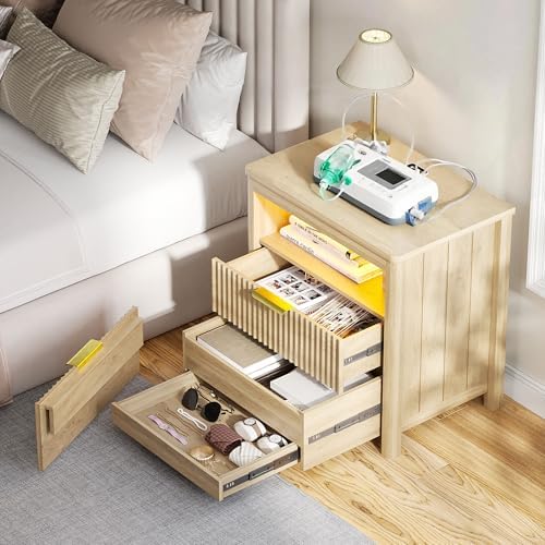 Farmhouse Nightstand with Lockable Hidden Drawer, Human Sensor LED Bedside Table with LED Lights & Charging Station, Rustic Wood Sofa Side End Table with 3 Drawers for Bedroom (Black)