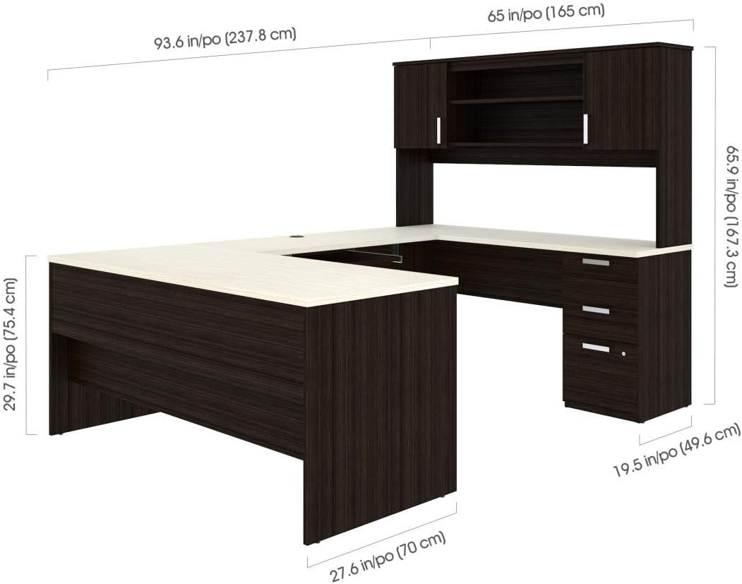 Bestar U Shaped Desk with Drawers, Hutch, and Keyboard Tray, Executive Workstation for Home or Professional Office, 65 Inches, Ridgeley Collection, White Chocolate