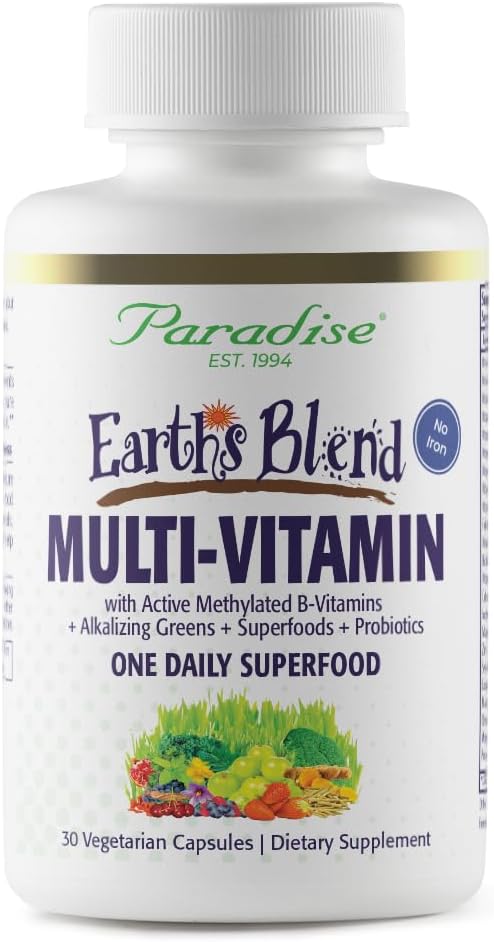 Paradise Herbs & Essentials Once Daily Multivitamin Iron 60 Capsules | Organic superfoods, probiotics, and vitamins A, B12, C, D, K2 in a dietary supplement for immune and bone support.
