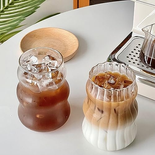 2 Pcs Ribbed Glass Cups, 18 Oz Vintage Drinking Glassware with Wave Design | Iced Coffee Cups Glass, Matcha Glass Bubble Cups for Iced Coffee, Juice