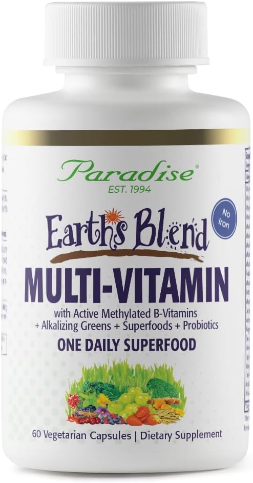 Paradise Herbs & Essentials Once Daily Multivitamin Iron 60 Capsules | Organic superfoods, probiotics, and vitamins A, B12, C, D, K2 in a dietary supplement for immune and bone support.