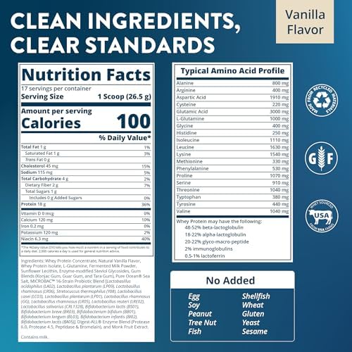 MRM Nutrition Whey Protein - Vanilla Flavored, BCAAs - 34 Servings | Microfiltered Whey Protein Isolate & Concentrate, 16 Different Probiotic Strains, & Digestive Enzymes, Gluten Free