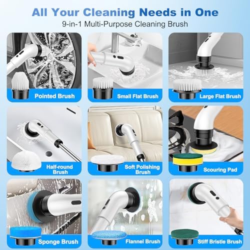 Electric Spin Scrubber, Cordless Shower Scrubber with 9 Scrub Brushes, 2 Speed & Battery Level Display
