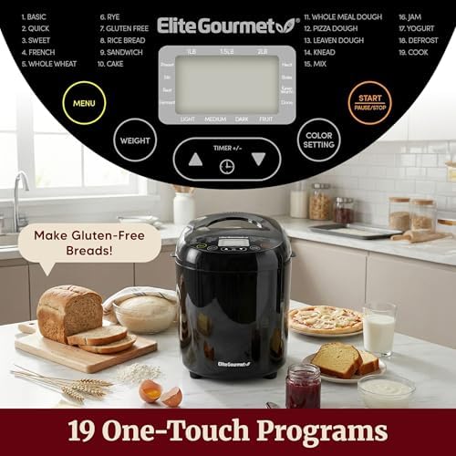 Elite Gourmet Programmable Bread Maker, 2 Lb, 3 Sizes, 19 Presets, Black