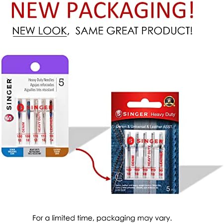 SINGER Heavy Duty Machine Needles, Denim & Leather, Assorted, 5 Count | Heavy-duty machine needles for denim, leather and heavy fabrics; 5 assorted sizes, fit SINGER and other domestic machines