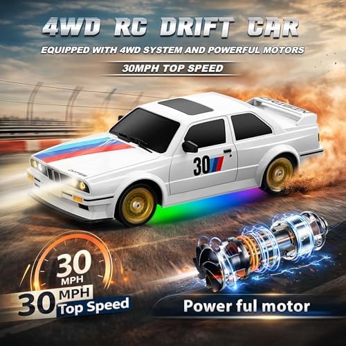 RC Drift Car 2.4GHz 1:16 Scale 4WD 30KM/H High Speed Remote Control Cars Vehicle with LED Lights Drifting Tires Racing Sport Toy Cars for Adults Boys Girls Kids Gift