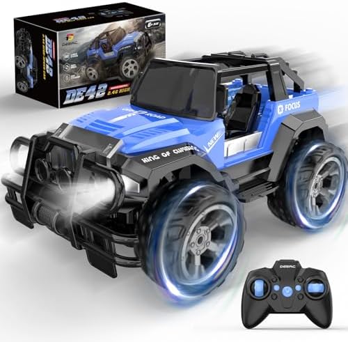 DEERC DE125 1:14 RC Car for Kids,4WD Remote Control Off-Road Monster Truck | RC Rock Crawler with Mist Spray,Metal Shell, LED Lights, 2.4GHz All-Terrain Car, 2 Batteries, Gifts for Beginners and boys