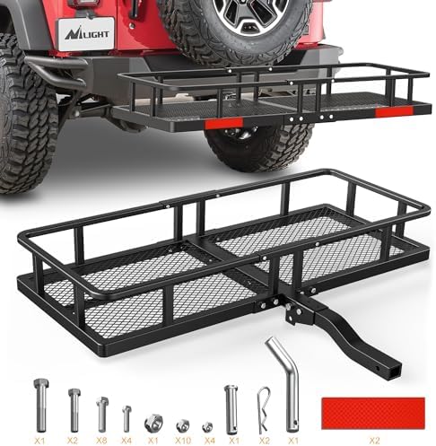 Nilight 32”×26”×4” RV Bumper Mounted Cargo Rack Carrier with Net Fits 4-inch or 4-1/2-inch Bumpers Heavy Duty Luggage Holder Basket for RV Camping Traveling Capacity 350LBS