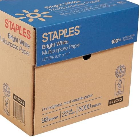 Staples Multipurpose Paper, 8 1/2" x 11", Bright White, Ream, For Office, School & Home