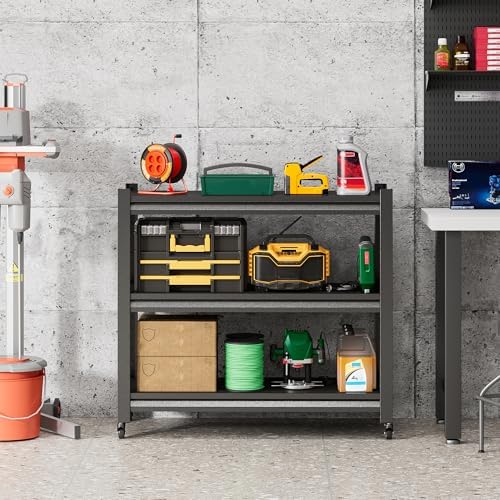 Workbench on Wheels, Adjustable Heavy Duty Work Table with Wheels, Heavy Duty Workstation, Metal Tool Work Bench for Garage Warehouse Workshop, 32" H x 18" D x 34" W