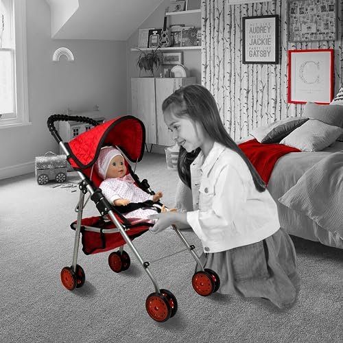 The New York Doll Collection My First Doll Stroller with Basket & Heart Design Foldable Doll Stroller, Pink