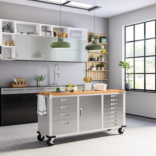 Seville Classics UltraHD Heavy Duty Rolling Cabinet Workbench Table w/Solid Wood Top, Workstation for Garage, Warehouse, Office, Workshop, 77" W x 20" D x 37.5" H, Graphite, 11-Drawer