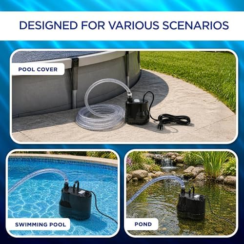 Pool Cover Pump - 75W 10 GPM 120V - 16 ft Hose - ABS Plastic | Submersible Design, Flat Base For Shallow Water, Manual Shut Off, 16 ft Power Cord