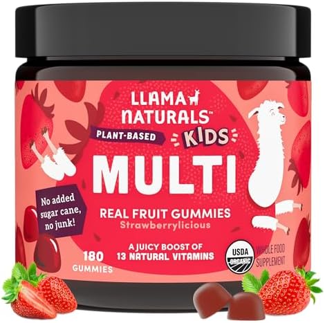 Llama Naturals Kids Multivitamin Gummies | Real Fruit, No Added Sugar Cane | Organic Vegan Toddler Whole Food Vitamins | Vitamin D, C & Beta Carotene Gummy Supplement | Cherry 90 Ct (1-2 Months)