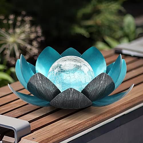 Outdoor Solar Lights, Garden Decor, Crackle Glass Globe, Waterproof Metal Lotus Flower Light for Patio, Lawn, Walkway, Tabletop, Ground