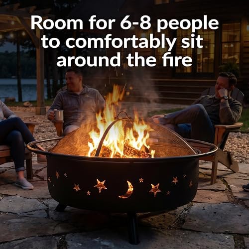 Sunnydaze Cosmic 42" Large Outdoor Fire Pit, Wood Burning, 34" Bowl Dia | Bronze, Heavy Duty Steel Metal, Includes Spark Screen, Wood Grate, & Poker, Round Backyard Firepit for Outside, Patio, Deck