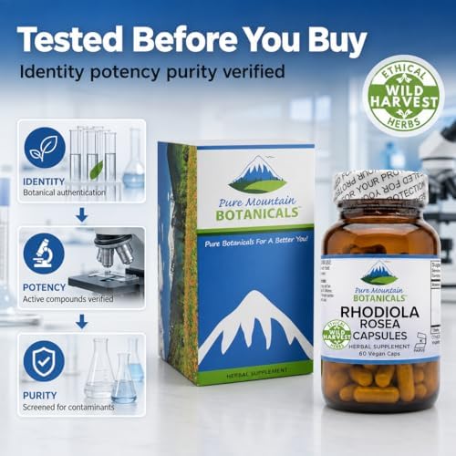 Pure Mountain Botanicals Rhodiola Rosea Supplement - 60 Capsules 250mg - Root Extract Standardized 3% Rosavins 1% Salidroside - Vegan Kosher Gluten
