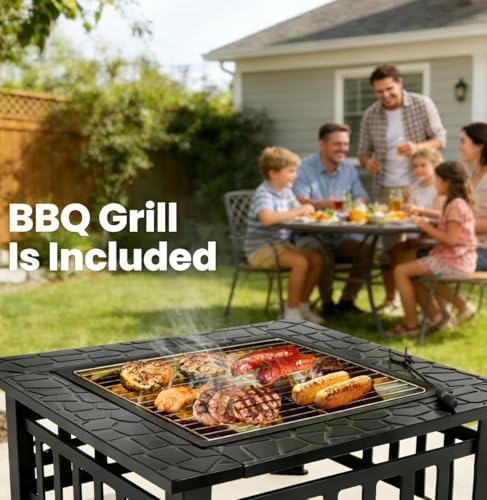 ZENY 32 inch Outdoor Fire Pit with Grill for Outside Wood Burning, Square Metal Outside Fireplaces