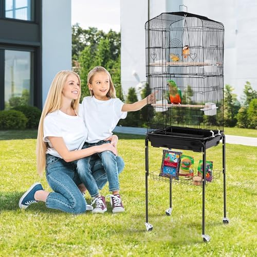 ZENY 63.4 Inch Bird Cage, Rolling Wrought Iron Parrot Cage | with Side-out Tray, Storage Shelf