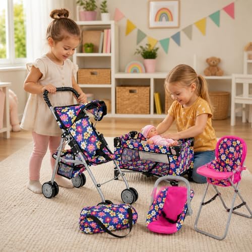 fash n kolor 4 Piece Baby Doll Play Set Flower Design Includes - Foldable Pack N Play, Baby Doll Stroller, Baby Doll High Chair, Infant Seat, Fits Up to 18'' Doll 4 Piece Doll Accessories Set