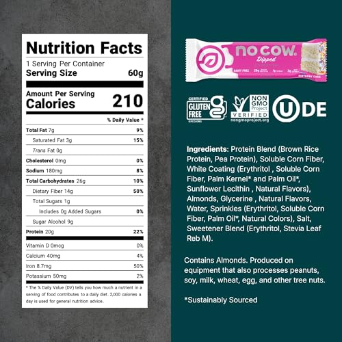 No Cow Peanut Butter Chocolate Chip Vegan Protein Bars, 12 Pack | 20g High Plant-Based Protein, High Fiber, Low Sugar, Gluten-Free, Dairy-Free, Soy-Free, Keto-Friendly Snack Bars
