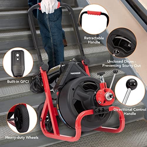 PIONEERWORKS Plumbing Snake & Drain Auger 100Ft x 3/8In, Electric Drain Cleaner Machine with Auto Feed, 6.8A Sewer Auger for 1-4 Inch Pipes