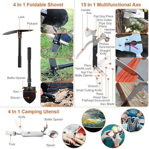 Survival Kit, 125Pcs Emergency Survival Gear Tactical with First Aid Kit Supplies Multifunctional Axe, Emergency Shelter for Outdoor, Camping, Hiking