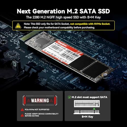 KingSpec 1TB M.2 SATA III 2280 SSD, NOT for NVMe Slots | SATA3 6Gb/s, B+M Key, Up to 550MB/s, Internal Solid State Drives for Laptop / Desktop Upgrades